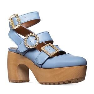 Autumn Adeigbo NEW Light Blue Triple Strap Clog w/ Jeweled Buckles 37 6.5